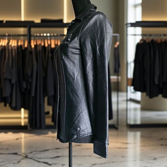 NWOT HARLEY DAVIDSON (XS) Black Faux Leather Snap Up Zip Detail Breast Pkt L/S - Picture 3 of 6